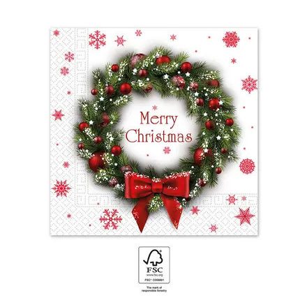 Karácsonyi Merry Xmas Wreath szalvéta 20 db-os 33x33 cm FSC