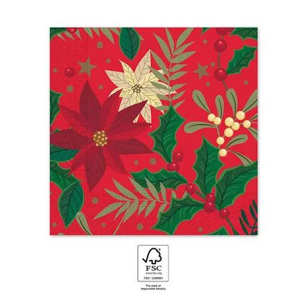 Karácsonyi Holly Poinsettia szalvéta 20 db-os 33x33 cm FSC